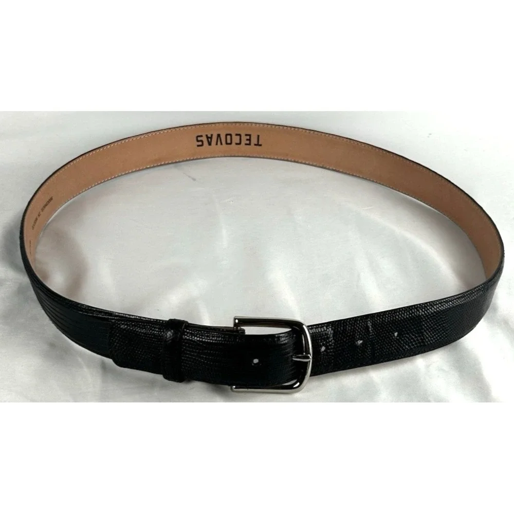 Tecovas Black Genuine Lizard Leather Belt Mens Size 40 Silver Tone Buckle Mexico